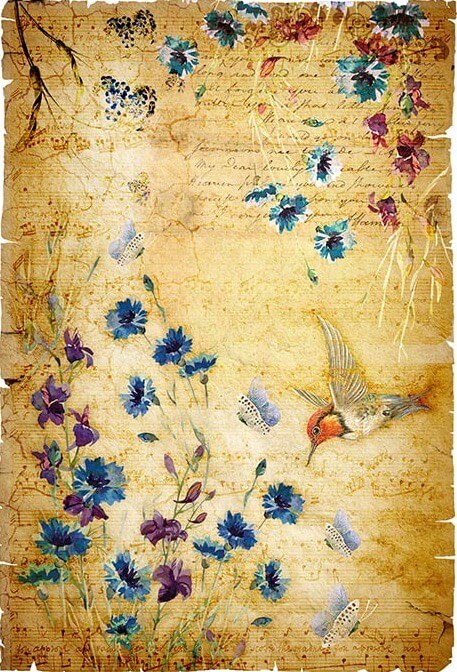Bird and Blue Flowers on Vintage Rice Paper – EE Wholesale