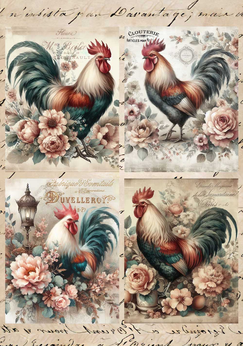 Roosters in Flowers Rice Paper