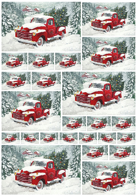 Snowy Red Truck Rice Paper