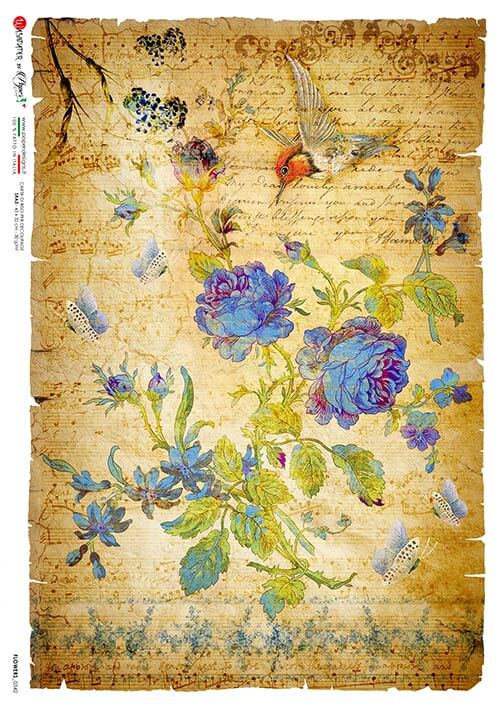 Blue Flowers on Vintage Music Notes Rice Paper