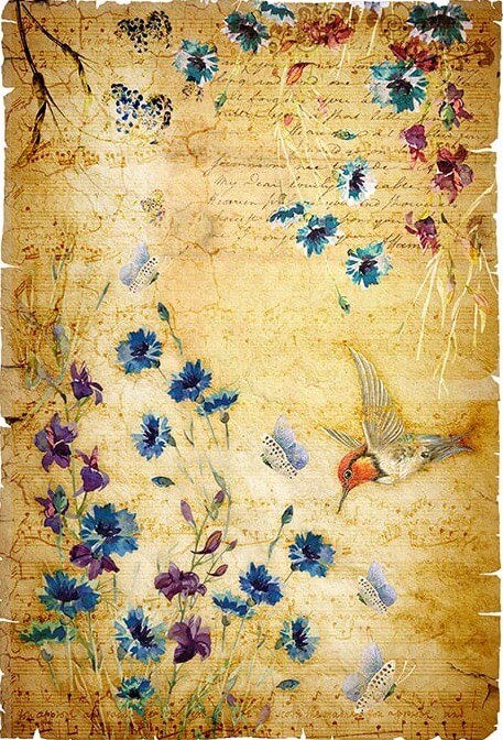 Bird and Blue Flowers on Vintage Rice Paper