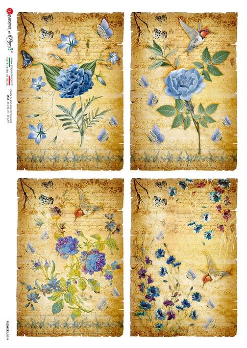 Blue Flowers on Vintage Music Notes Rice Paper (4 images on 1 sheet of paper)