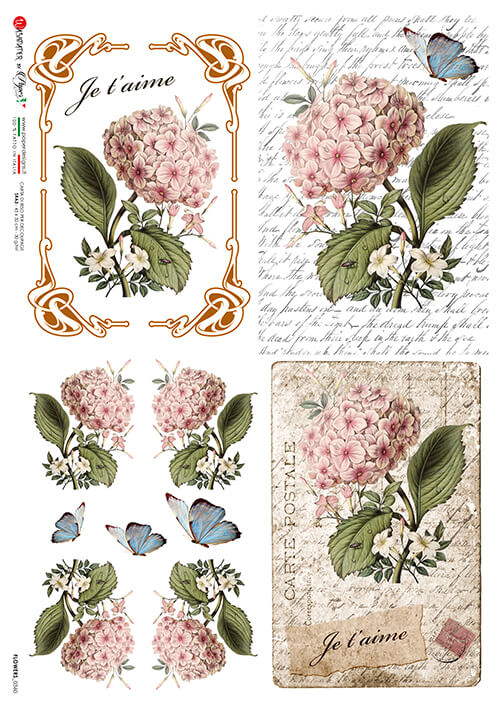 Pink Heirloom / Hydrangea on Music Notes Rice Paper (4 images on 1 sheet)