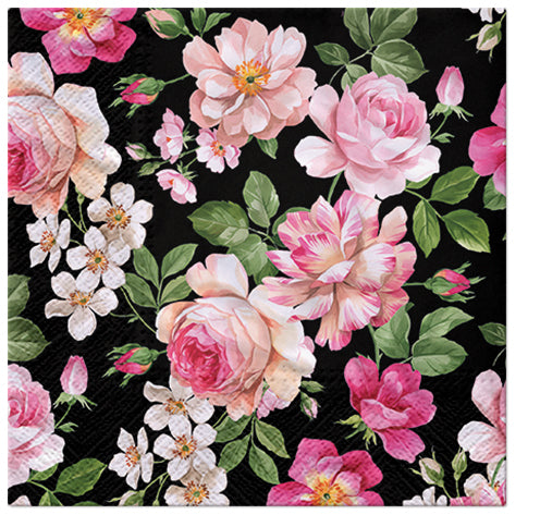 Roses Glory on Black Luncheon Napkins