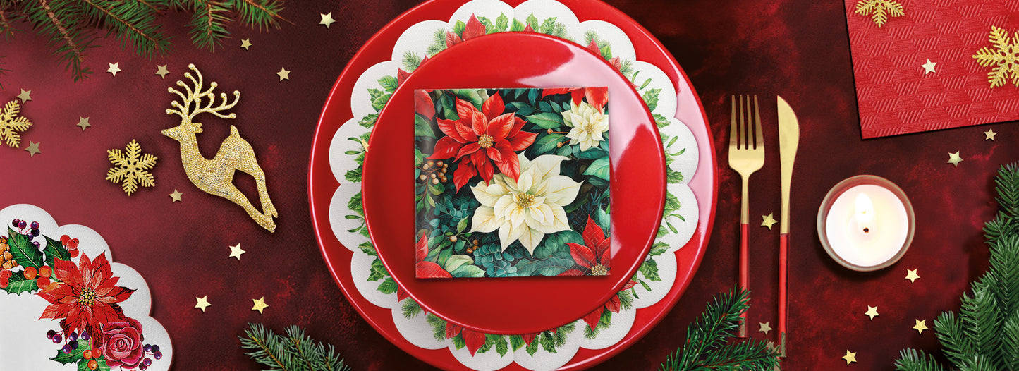 Poinsettia on Black Lunch Napkins
